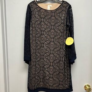 NWT Emma & Michelle Semi Sheer Navy Over Nude Bell Sleeve Lace Dress Size Large